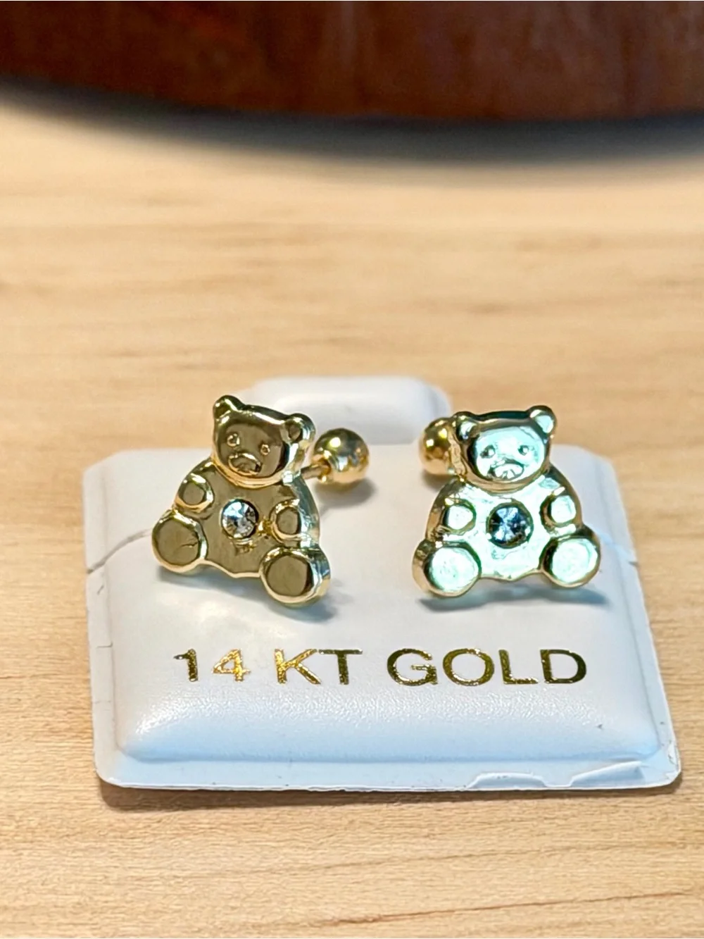 14 KT Gold Teddy Bear Stud Earrings for Kids - Polished Gold with ball screwback